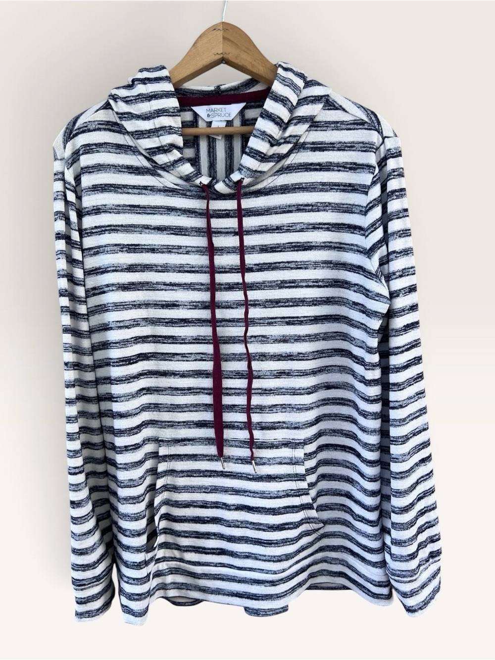 Market & Spruce Women's Striped Hooded Pullover Sweater - White & Navy - Large